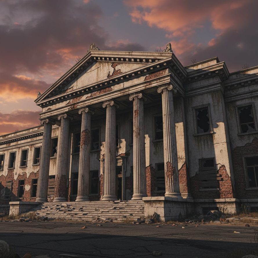 Crumbling public office building symbolizing budget deficits